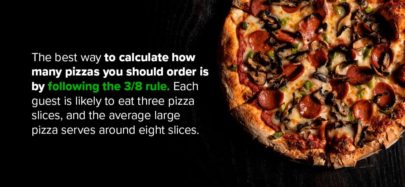 The best way to calculate how many pizzas you should order is by following the 3/8 rule.